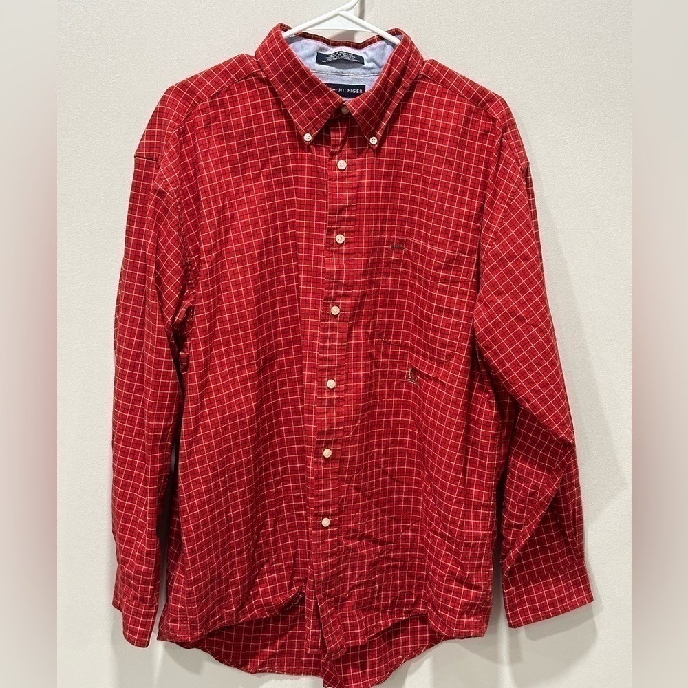 Tommy Hilfiger Men’s Red White Black Striped Long Sleeve Shirt Size XL